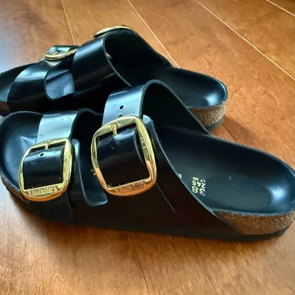 Birkenstock Arizona Big Buckle Shiny Black Sandals with Gold 38 - Picture 4 of 5